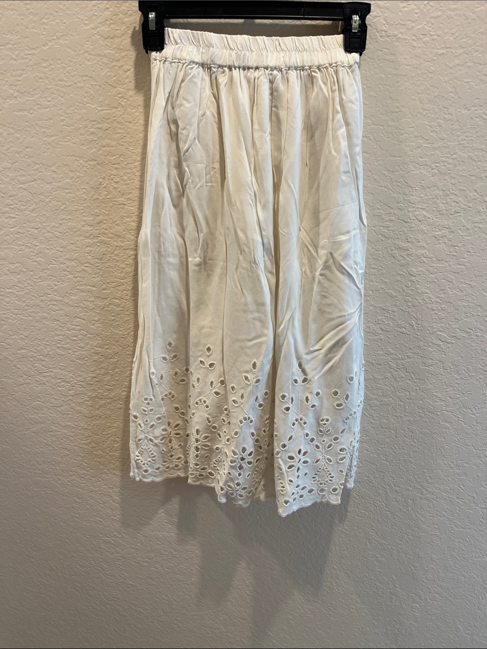 White Eyelet Midi Skirt with Elastic Waist